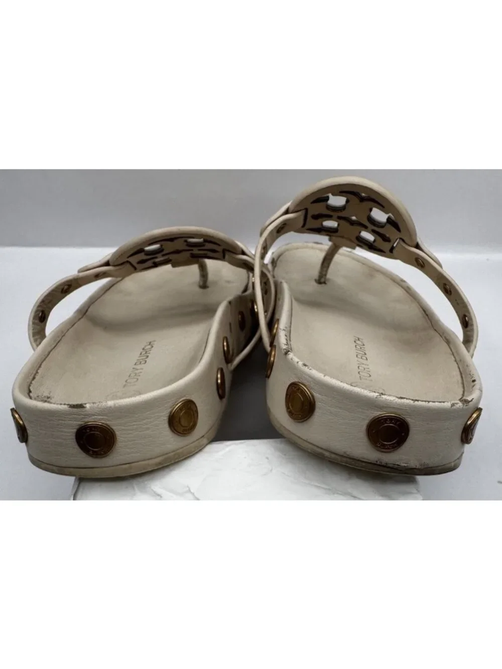 Tory Burch Womens Miller Cloud Coin Thong Sandal Double T Logo New Cream Sz 8